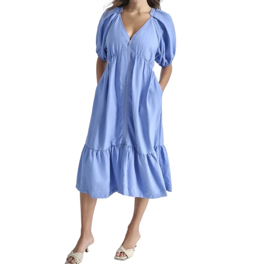 DKNY Cottagecore Blue Tiered Puff Sleeve Zip Front Midi Dress S New With Tags